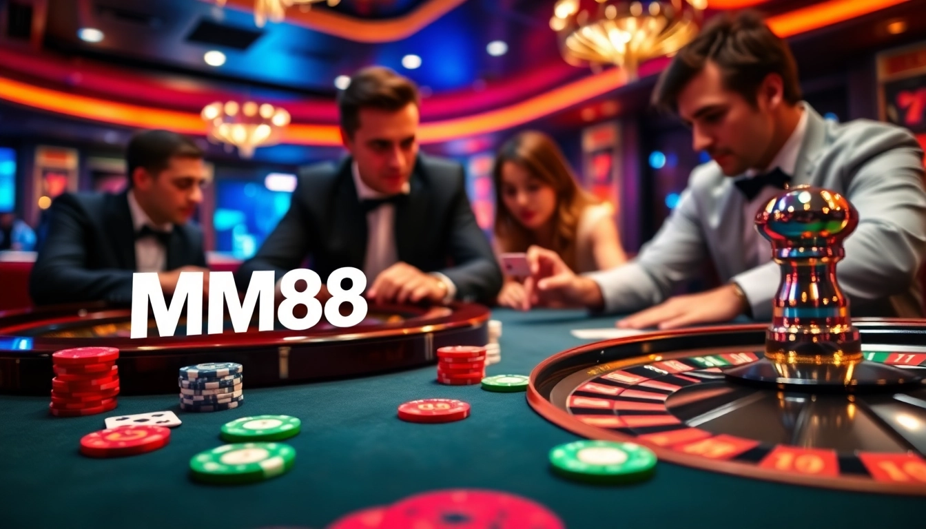 Engaging players enjoying a thrilling MM88 casino experience at an elegant poker table.