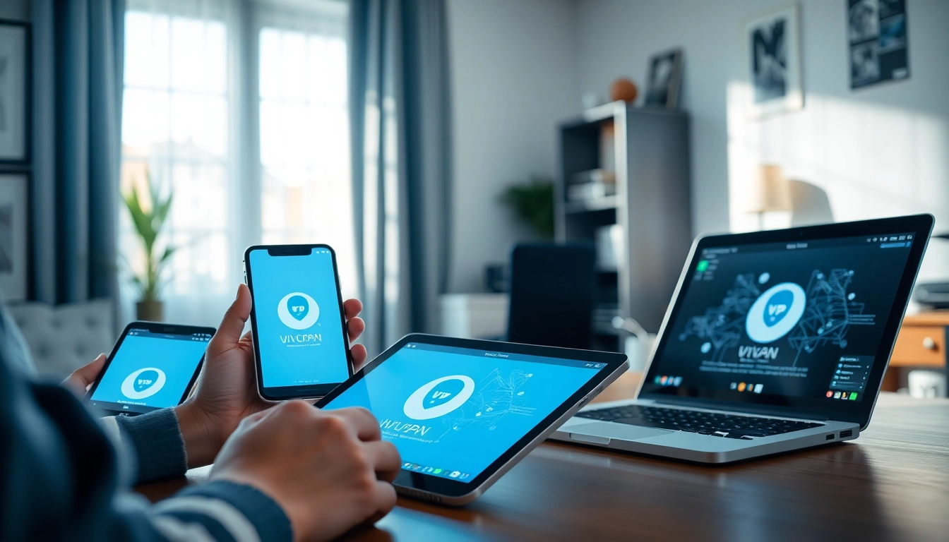 快连vpn下载 showcased on multiple devices in a comfortable home office setting, highlighting ease of use.