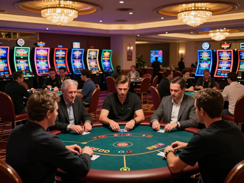 FAFA828 players strategizing their bets in a lively casino atmosphere