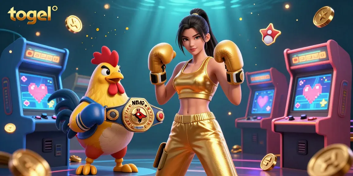 Togel illustration with a powerful woman and boxing rooster in a dynamic arcade casino scene.