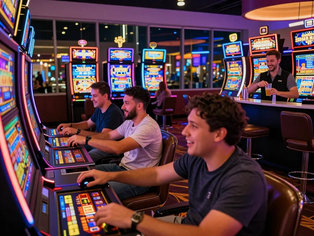 Players enjoying spinpanda spil at a vibrant casino, showcasing excitement and diverse games.