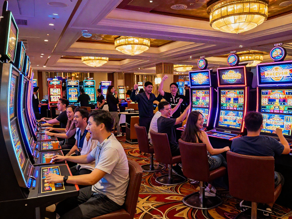 Friends celebrating a win at a vibrant situs casino, illuminated by colorful lights.