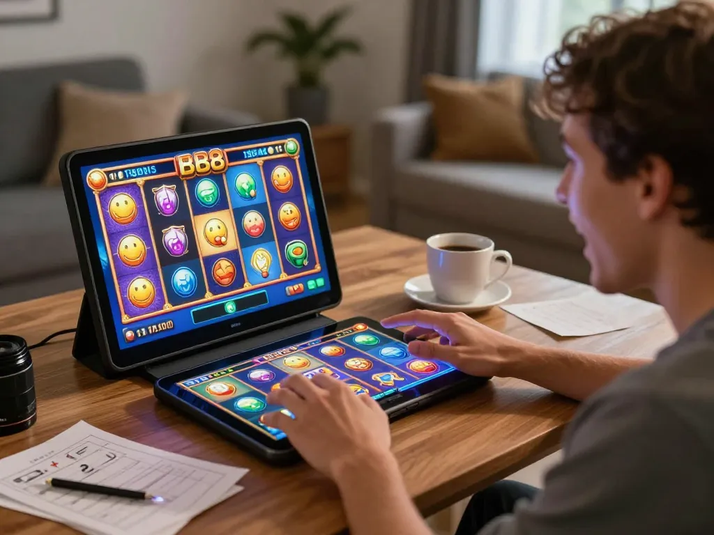 Player enjoying slot88 on a tablet at home, displaying exciting gameplay and vibrant graphics.