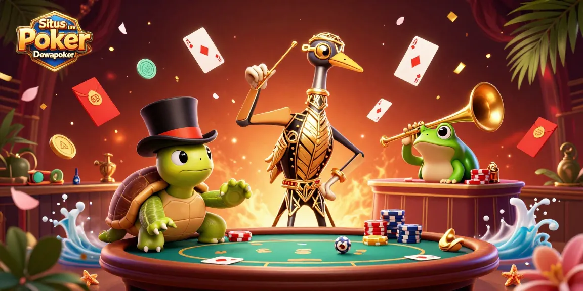 Situs IDN Poker Dewapoker engages players with thrilling poker elements in a vibrant casino scene