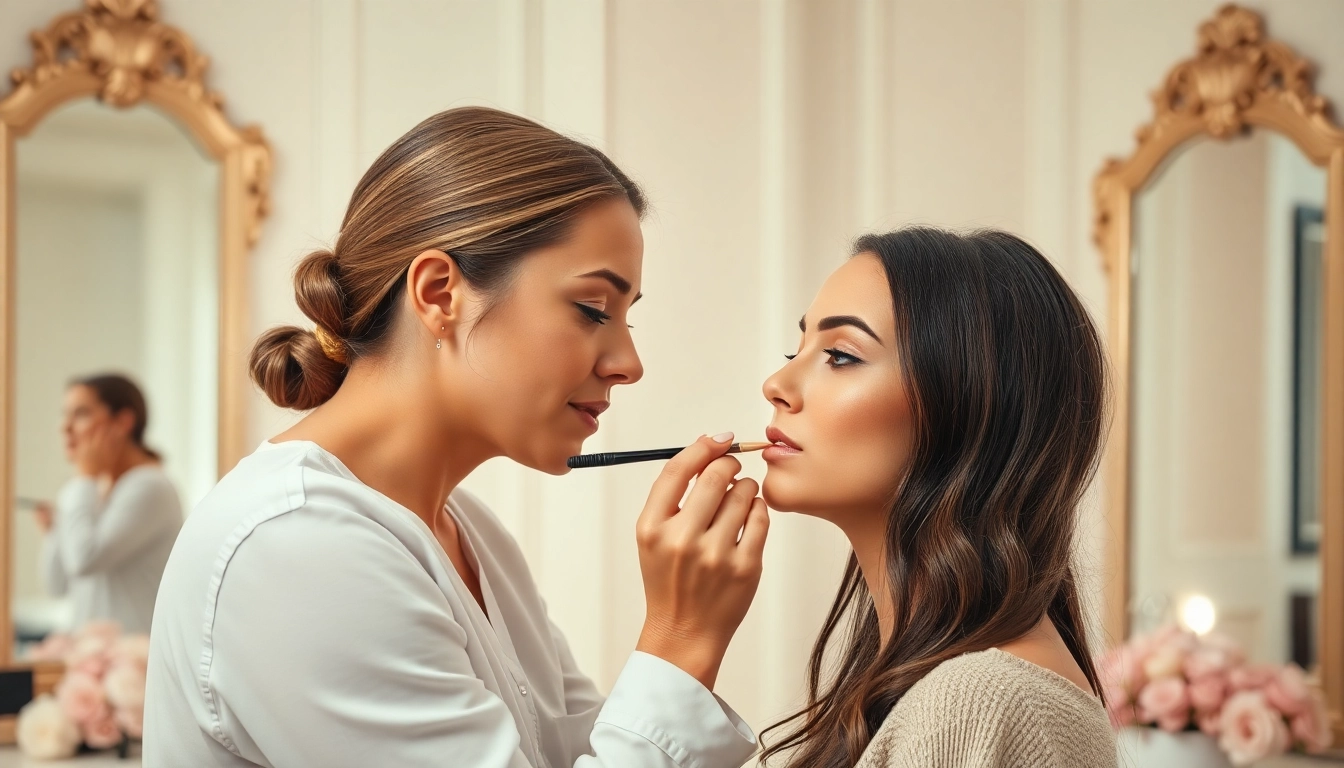 Philadelphia makeup artist skillfully enhancing a model's beauty in a bright studio.