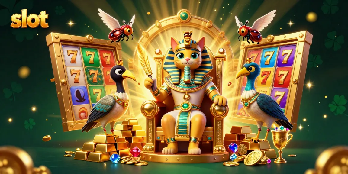 Spin the slot reels with vibrant graphics featuring a golden pharaoh cat and ibis scribe in a casino.