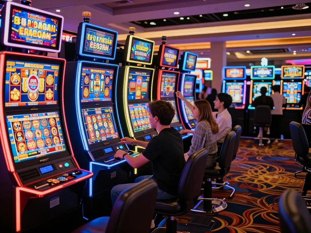 Engaged players enjoying slot777 gacor with excitement in a bright casino setting.