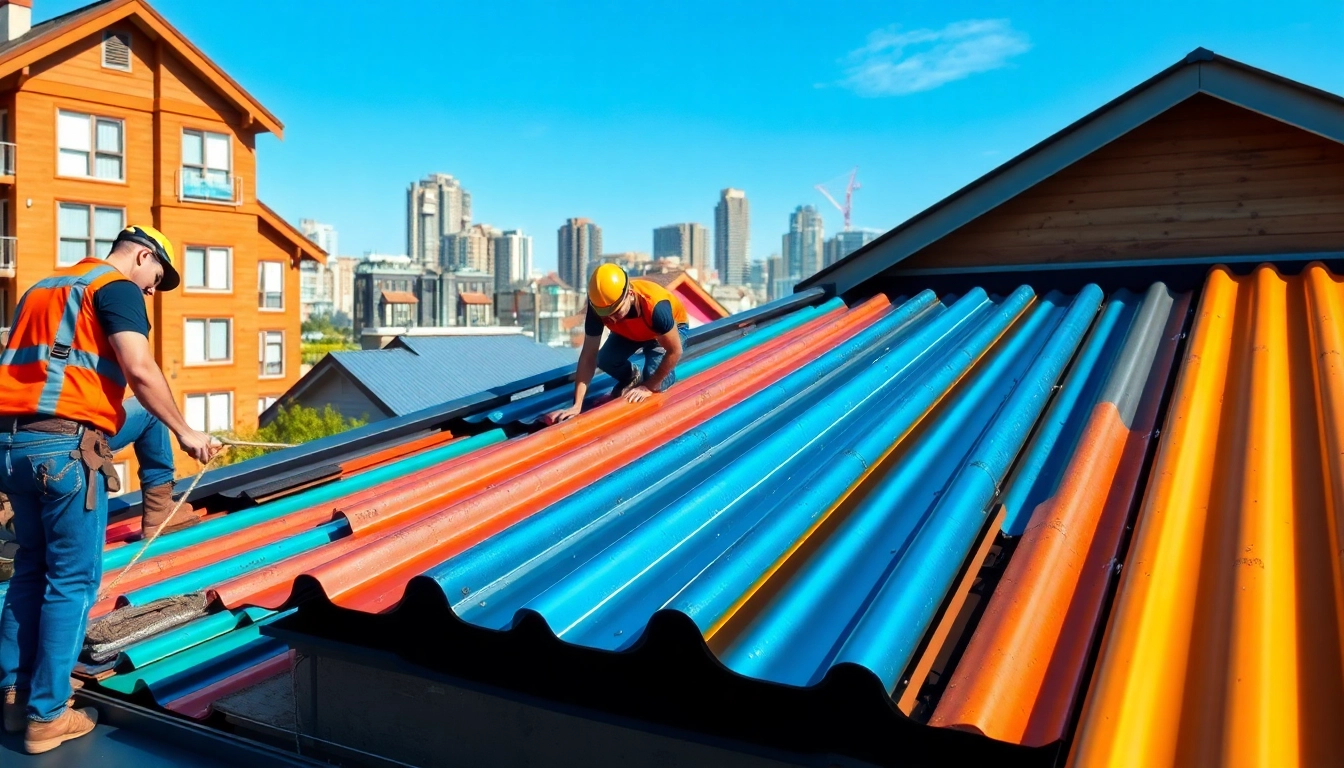 Installers working on metal roofing vancouver urban home highlighting vibrant colors and textures.