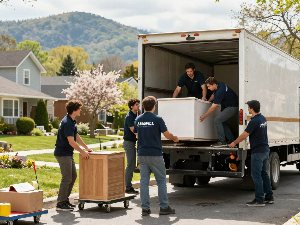 Asheville moving company team loading furniture into a truck in a sunny Asheville neighborhood.