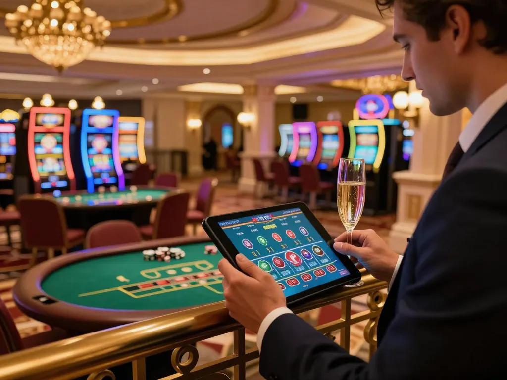 Engaged in strategic gameplay, player explores gajah toto entertainment options on tablet in upscale casino.