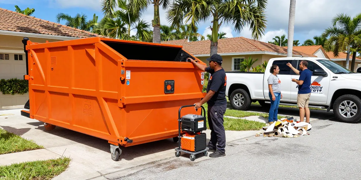 Dumpster rental in Naples FL with All County Dumpsters employee preparing roll-off dumpster for delivery in sunny residential area.
