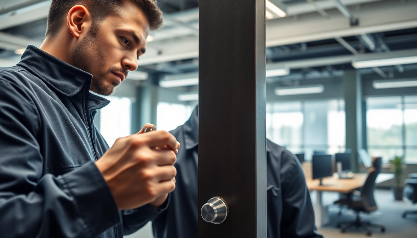 Business lock replacement performed by a professional locksmith in a modern office setting.