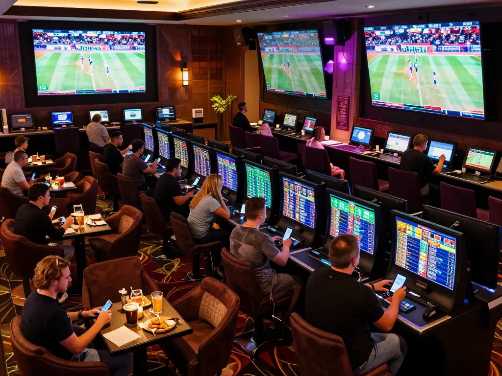 jilipinas sports betting lounge with excited fans using mobile devices during live events