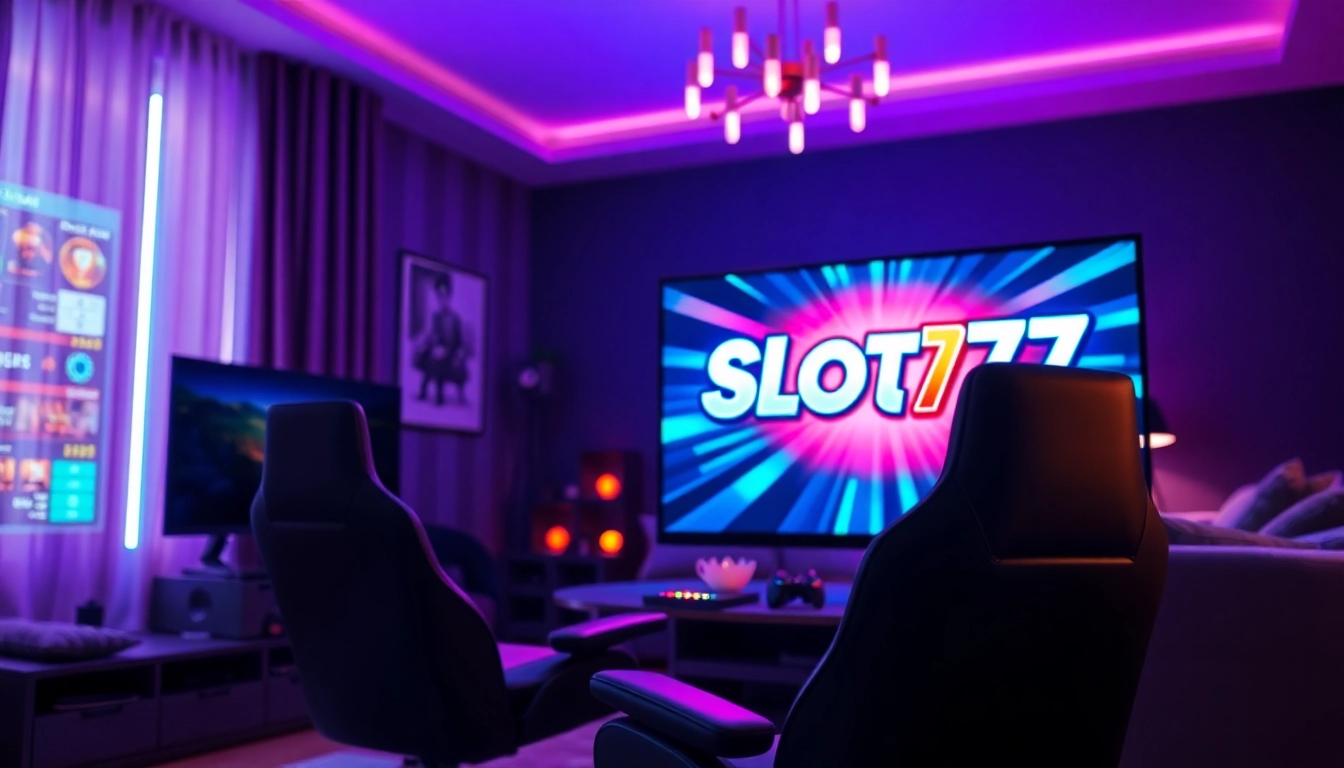 Mengotak-atik Slot77 pada monitor besar dengan pencahayaan neon di ruang tamu modern.