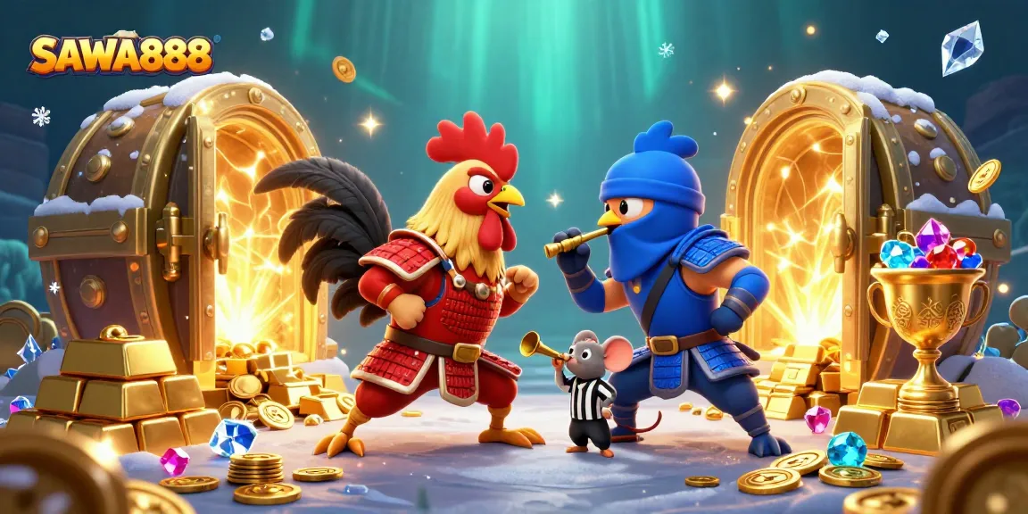 Experience thrilling gameplay at SAWA888 featuring fierce fighting roosters in an exciting match amid treasure and gems.