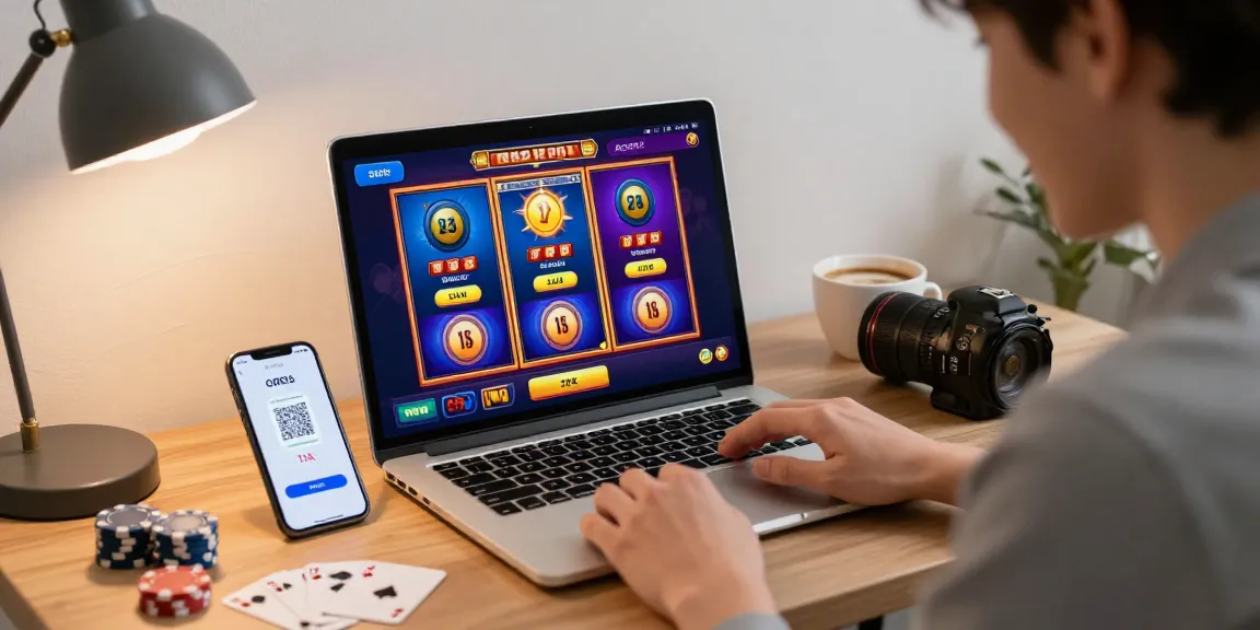 Engaging scene of a user enjoying online slots with a slot deposit 1k interface on a laptop, cozy home workspace setup, and QRIS payment options.