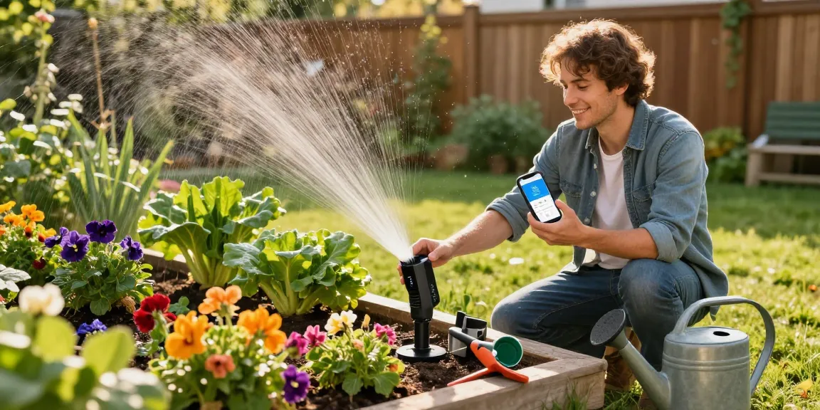 Gardener using rainpoint sprinkler timer in a vibrant home garden.