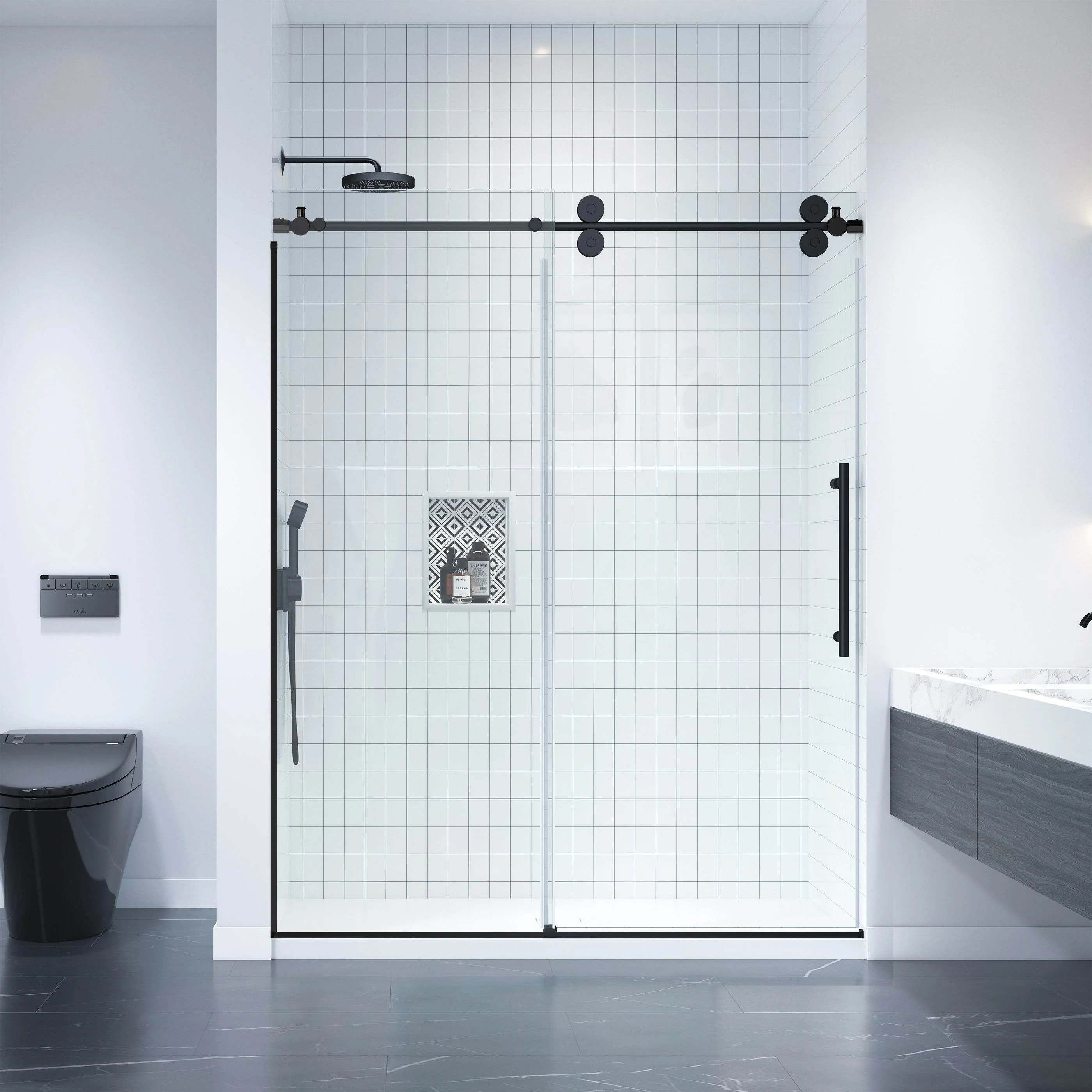 Contemporary Bathroom Inspiration with Black Frame Shower Doors