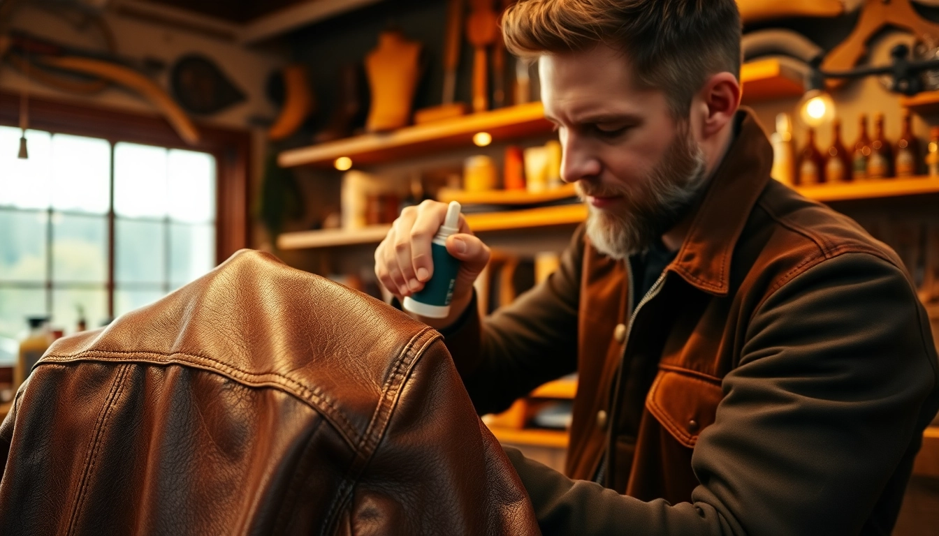 Restoring vintage leather jackets and gear with expert techniques in a warm workshop setting.