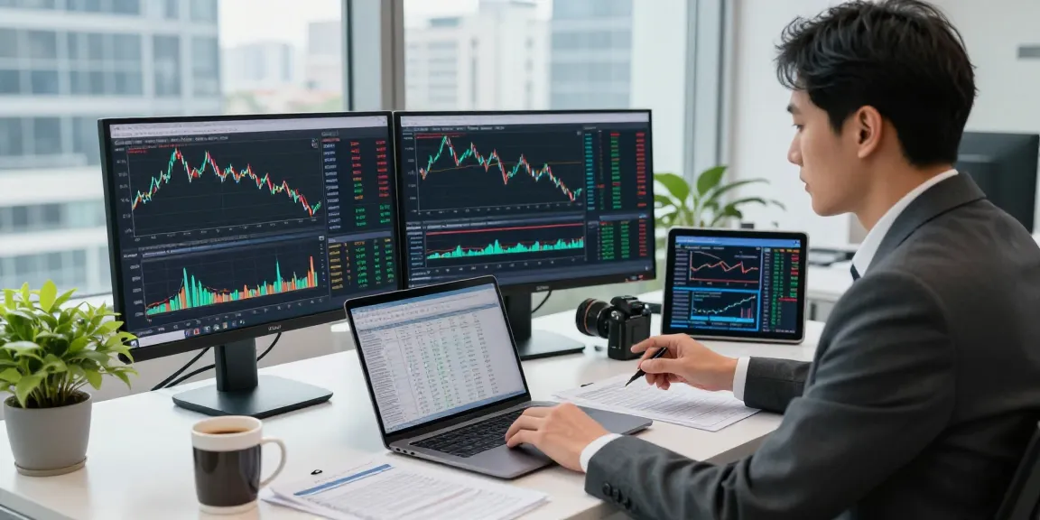 Business analyst utilizing commodities price tracker in a modern office setting with screens displaying live data and charts.