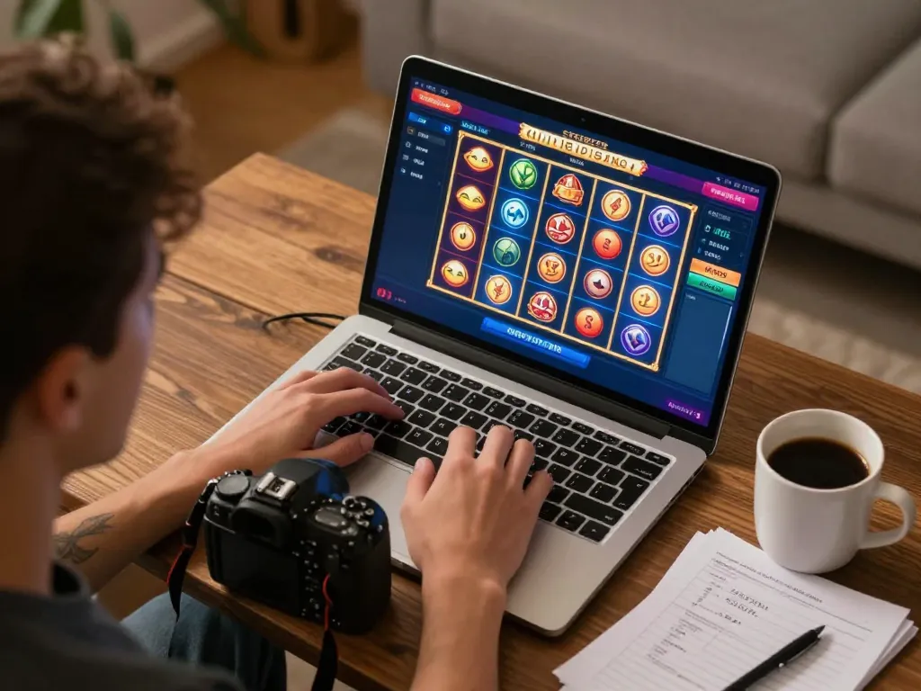 Engaging with akun demo slot games on a laptop in a cozy home setting, showcasing online gaming strategies.