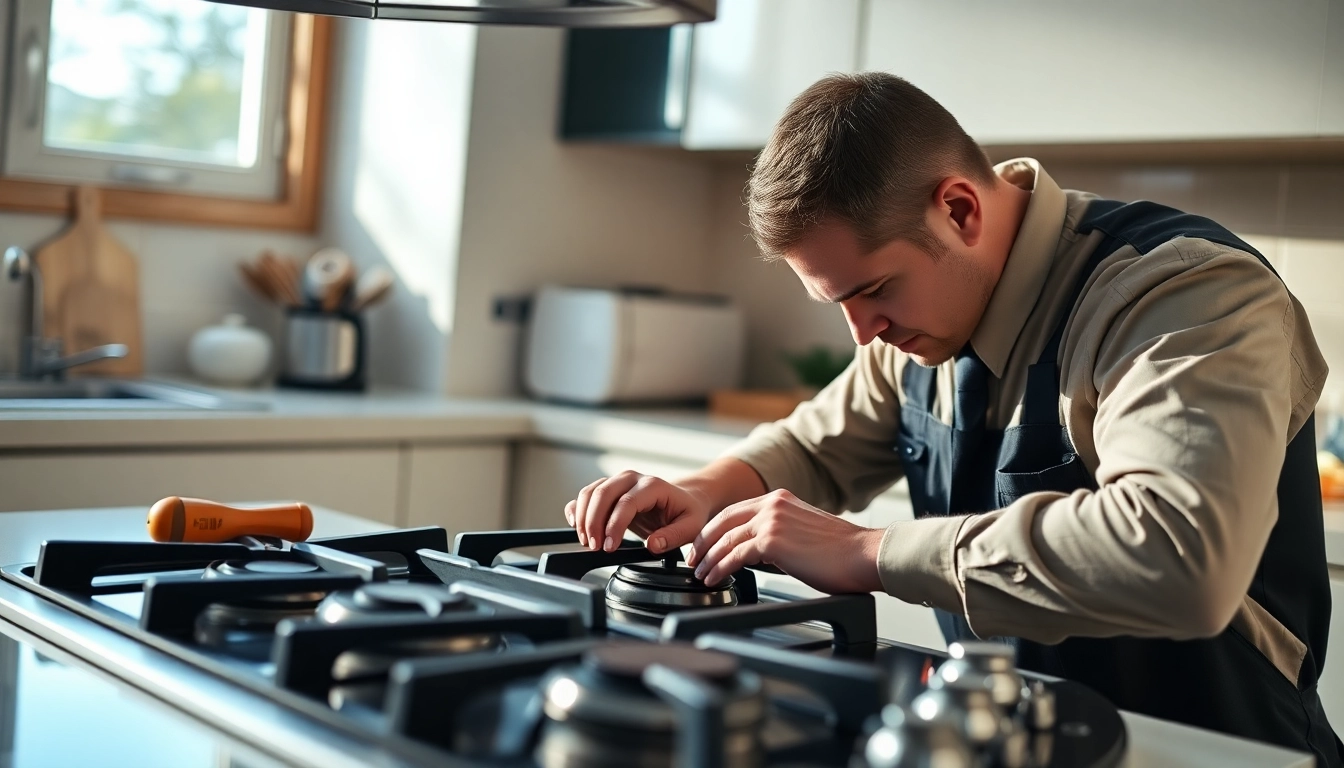 Expert gas stove repair near me, showcasing a technician skillfully fixing a stove in a well-lit kitchen.