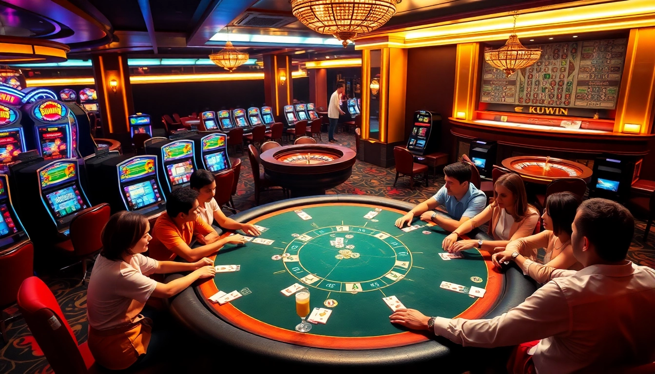 KUWIN casino scene featuring an exciting poker table and vibrant slot machines.