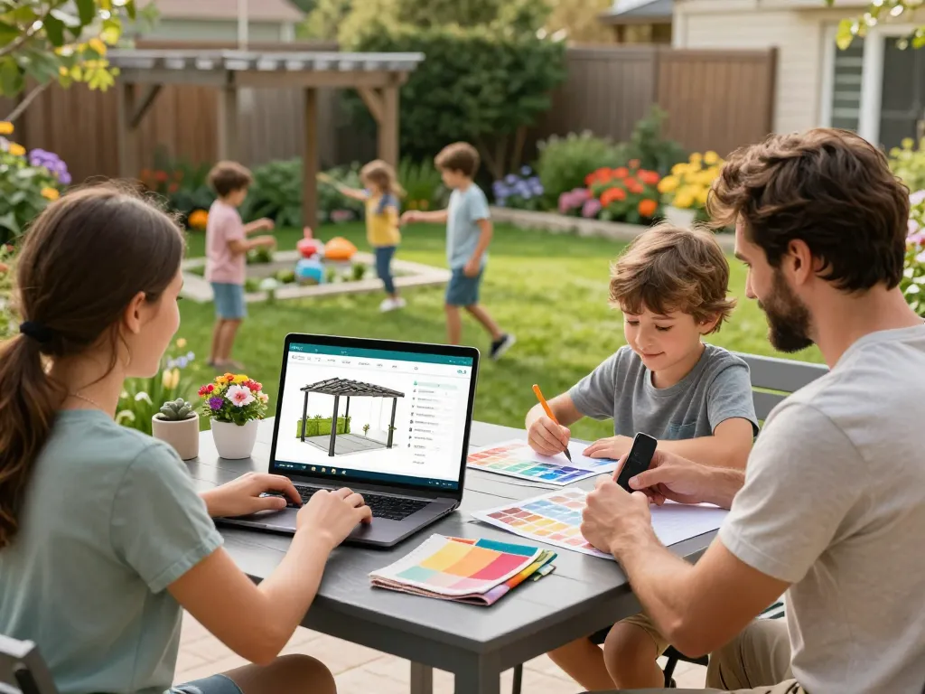 Family using configuratore pergola online to design their dream outdoor space with beautiful garden.
