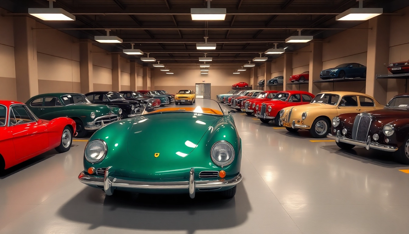 Classic car storage facility showcasing well-maintained vintage automobiles in a serene setting.
