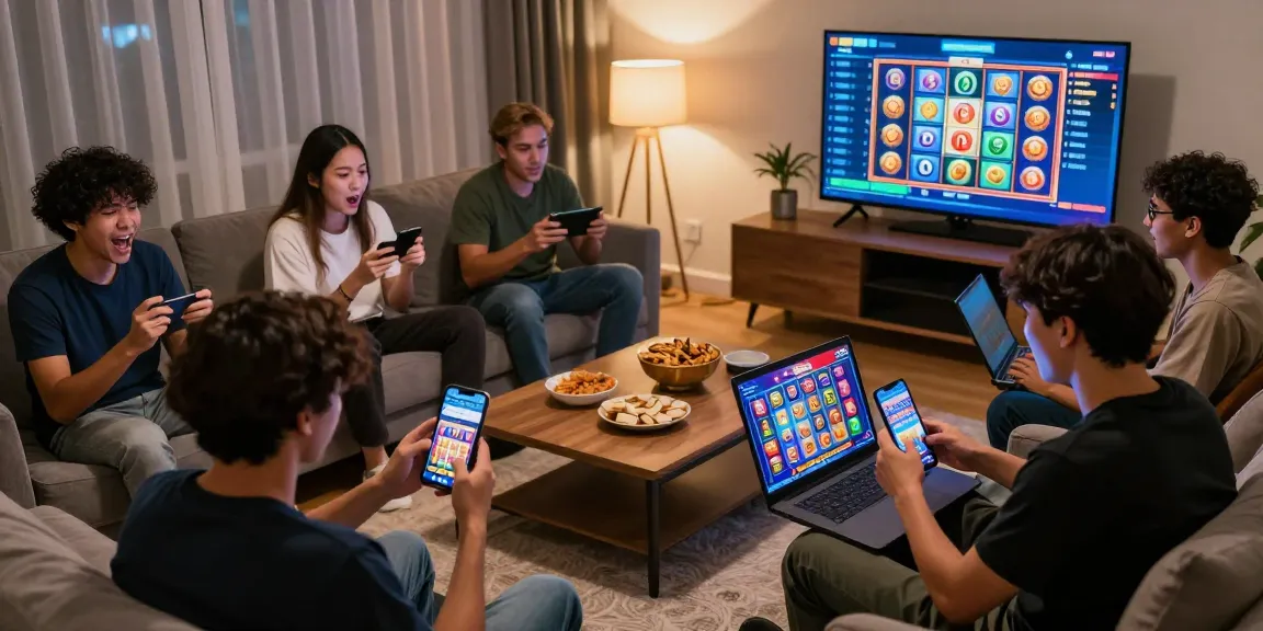 Players enjoying slot gacor games on mobile and laptop devices, vibrant visuals and engaging atmosphere.
