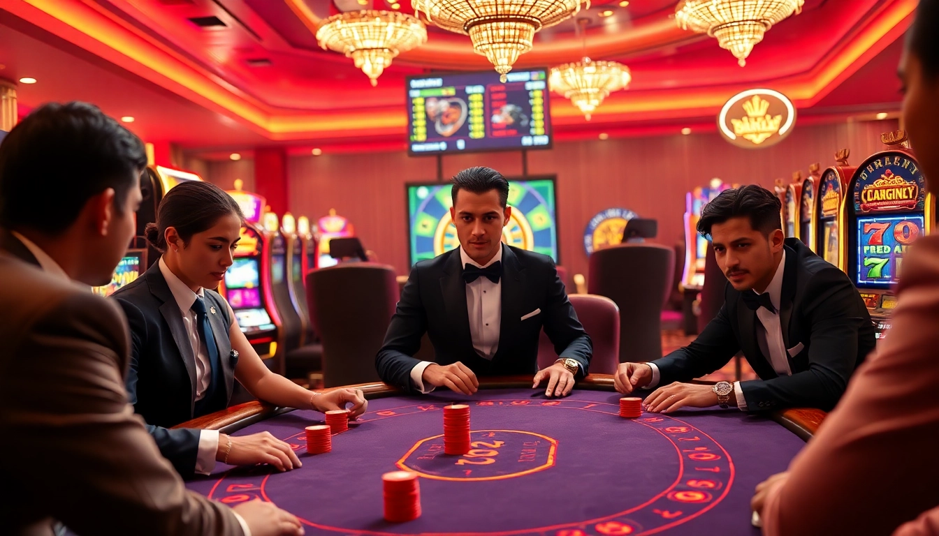 Meja poker bertaruh tinggi yang menampilkan strategi Kit 4D dengan mesin slot berwarna-warni di latar belakang.