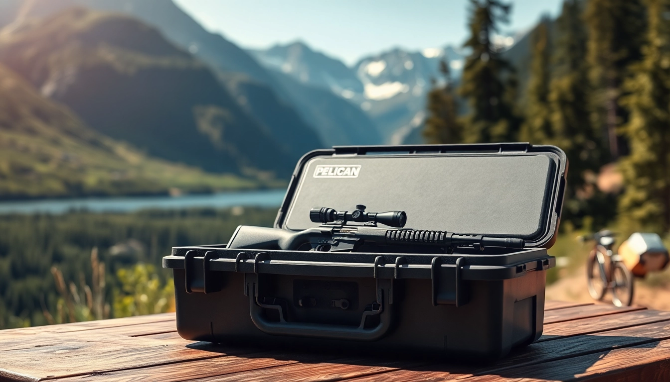 Showcasing a pelican rifle case on a table in the great outdoors, emphasizing its rugged design.