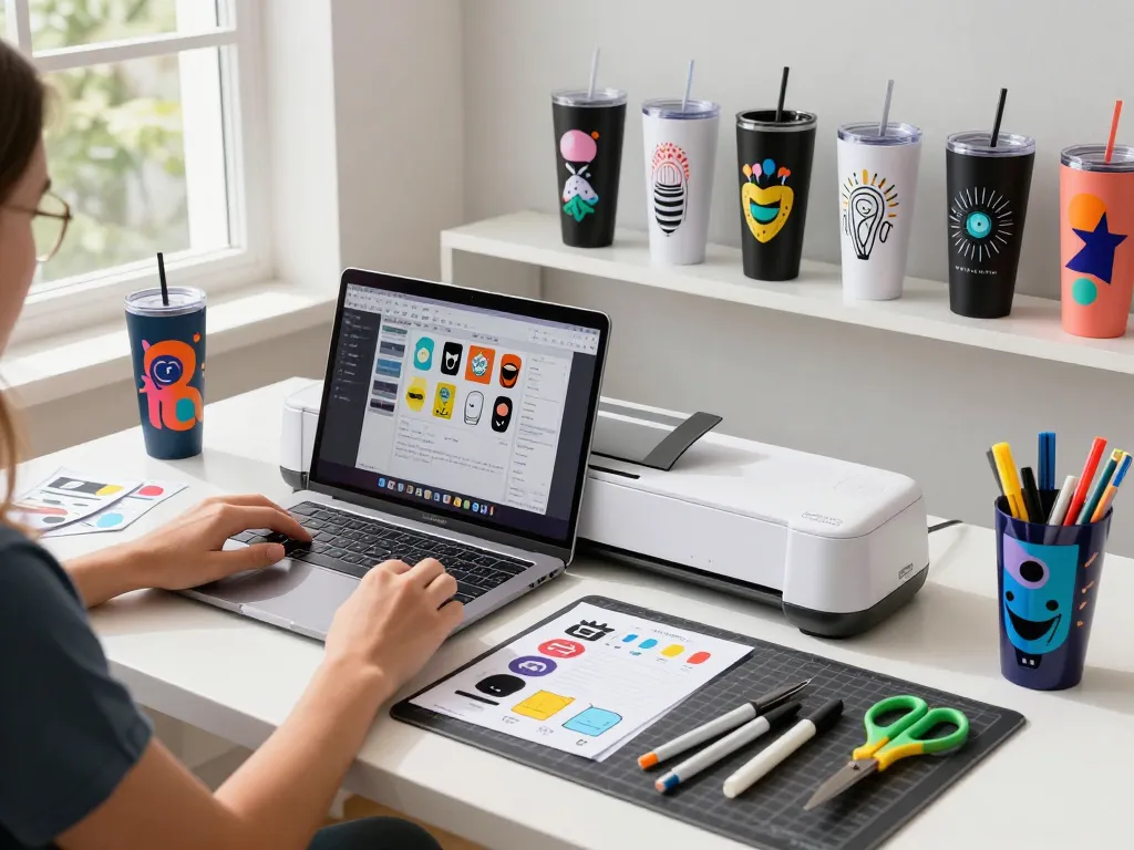 Creative workspace with a person designing tumbler graphics using a cricut svg bundle