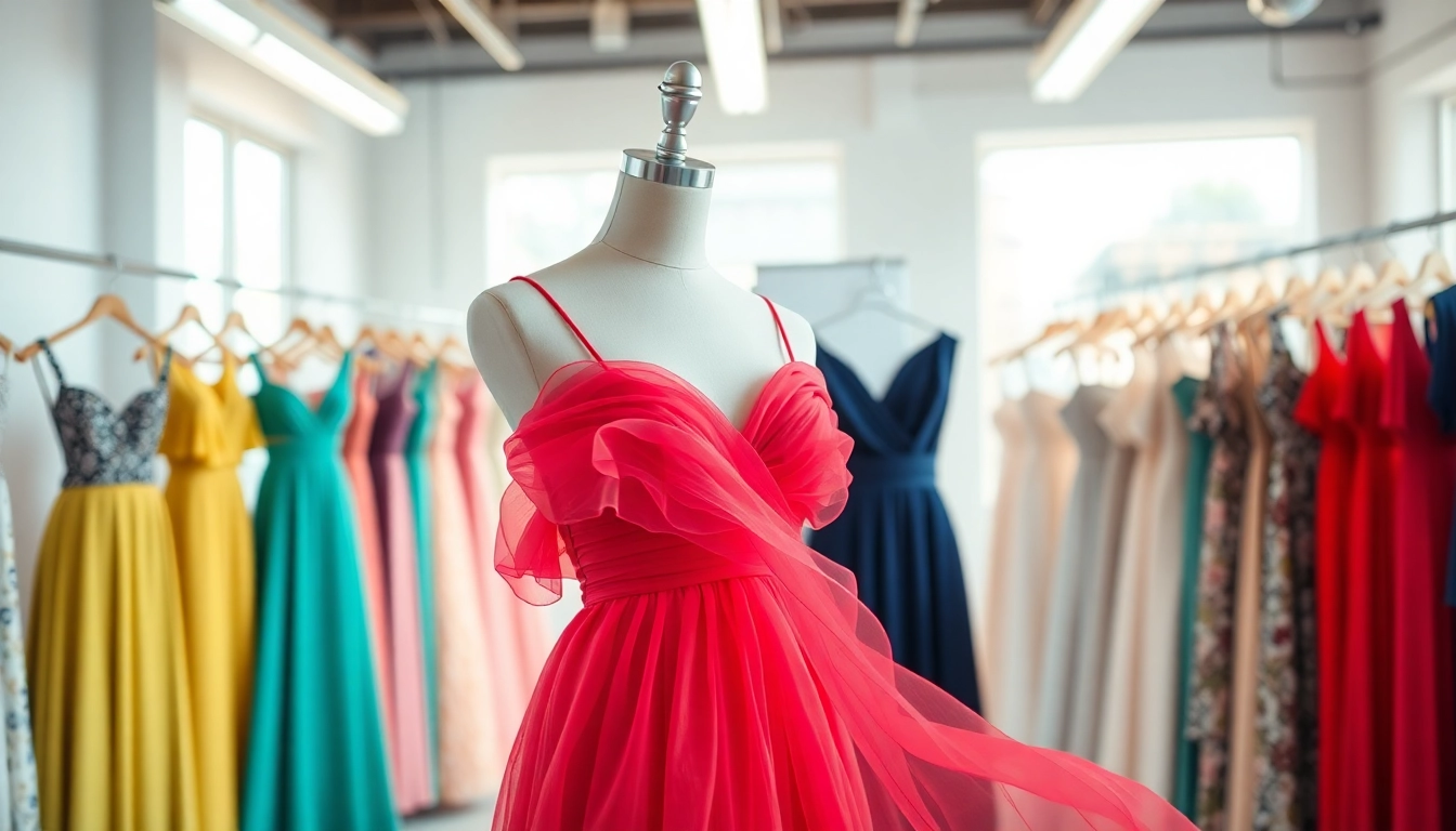 Women’s Clothing Manufacturer displaying elegant dresses in a vibrant studio setting.