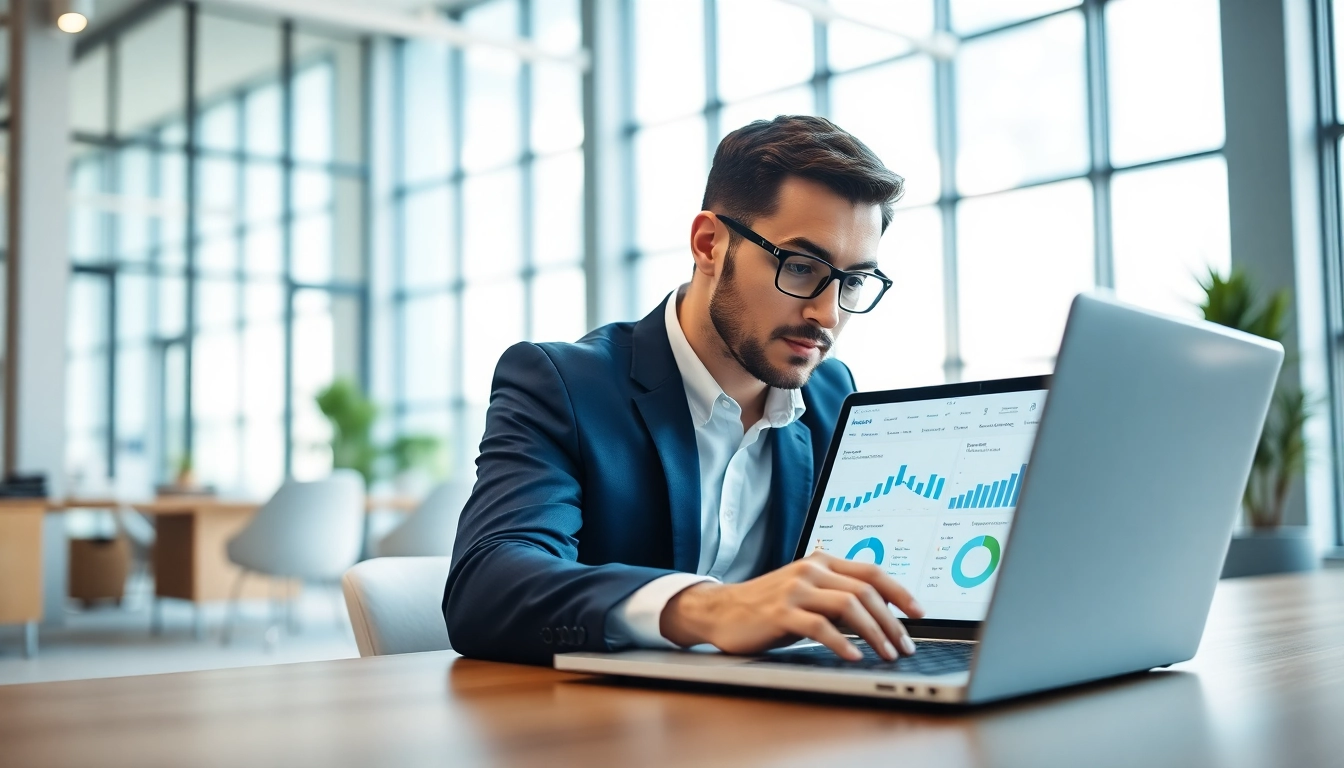 Engaged professional utilizing sales content tracking software in a modern office setup.