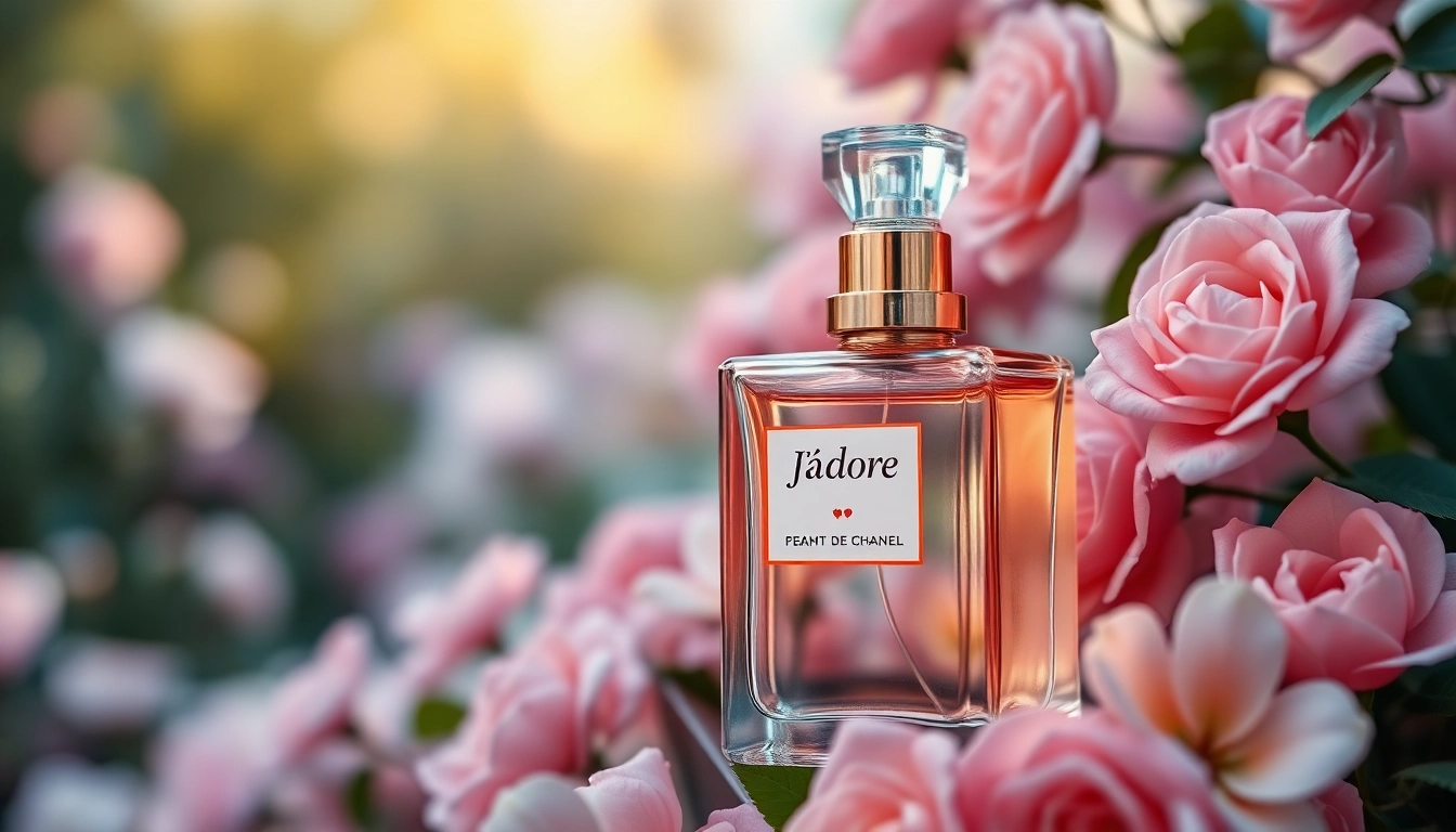 Showcasing J'adore perfume surrounded by lush flowers, emphasizing its elegance and femininity.