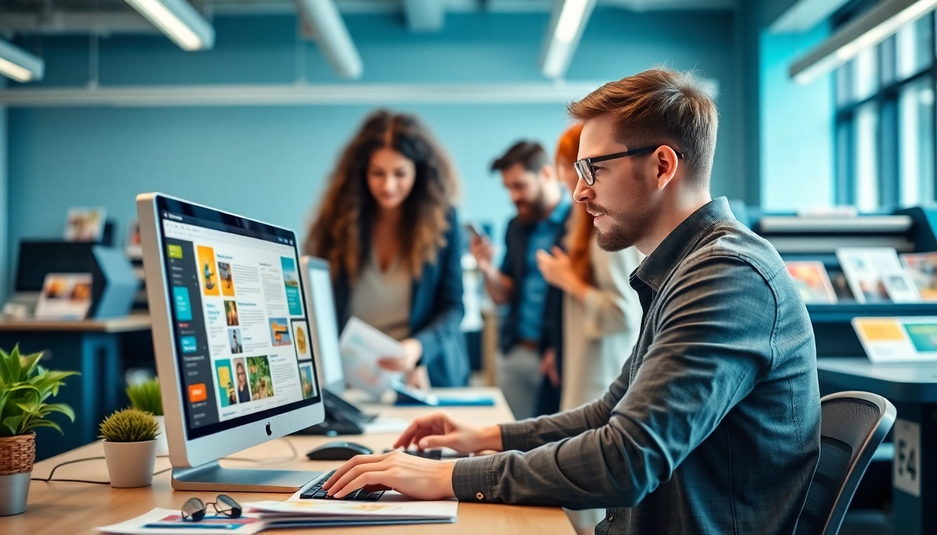 Creative team at a direct mail company designing engaging mail campaigns.