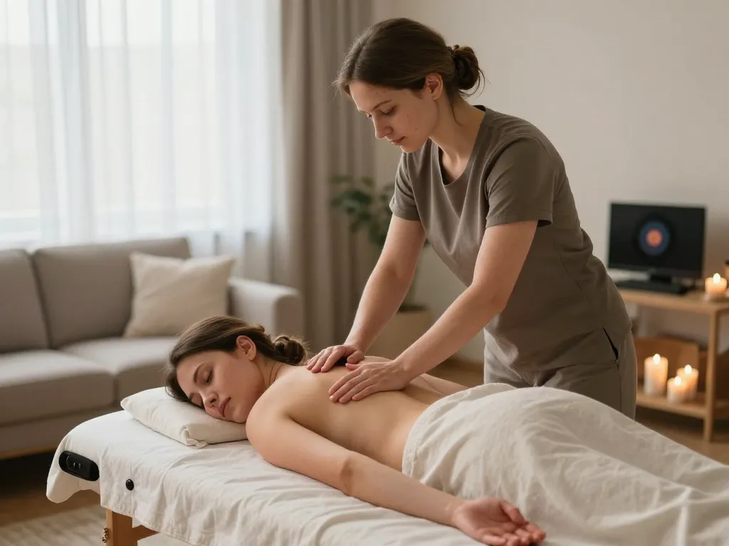 편안한 환경에서 치료사와 고객이 함께하는 russiamobilemassage.com 서비스의 가정 마사지 요법 장면
