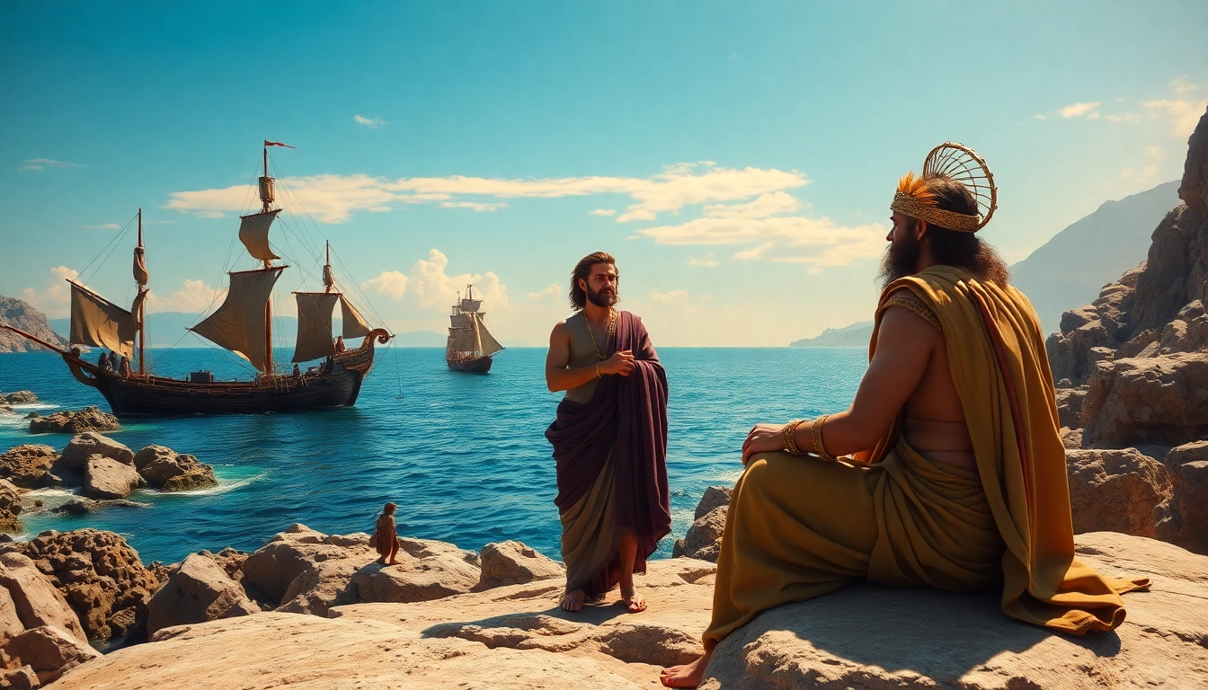 An artistic interpretation of odyssey meaning origin, showcasing Odysseus and Greek mythology in a vibrant setting.