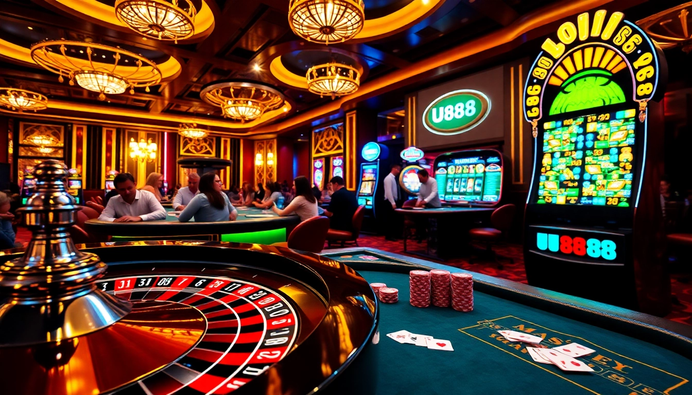 Players engaging with U888's luxurious casino games, showcasing roulette and poker excitement.