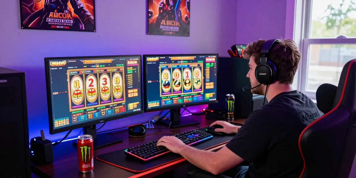 Exciting player enjoying slot gacor games at a vibrant gaming desk with glowing monitors.