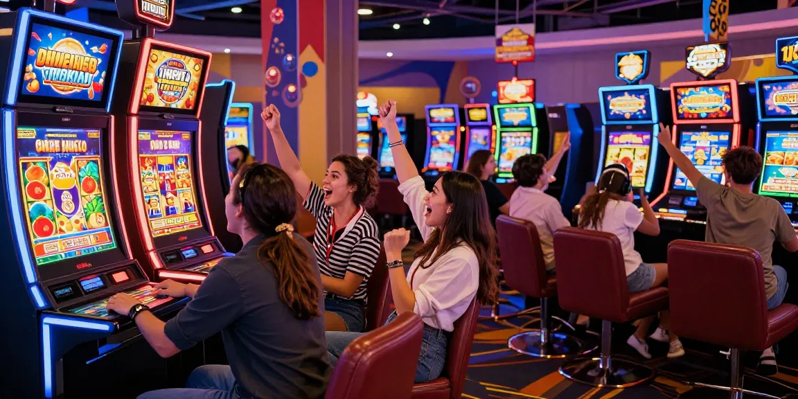 Group of friends celebrating a big win at colorful slot machines in a lively casino.