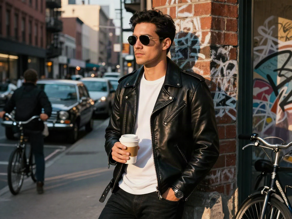 Men's leather jackets showcased in urban fashion scene with stylish man wearing leather jacket surrounded by city life.