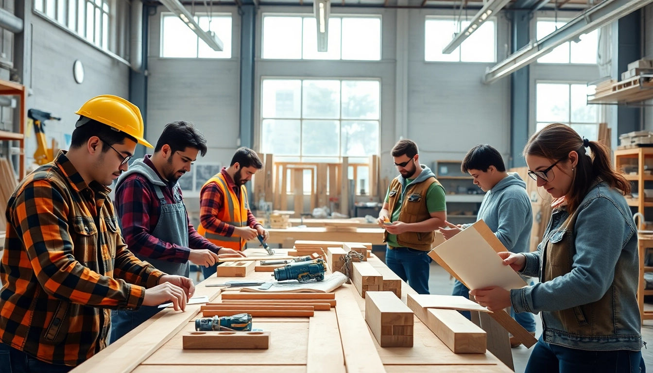 Engaged trainees in construction craft training, learning essential skills in a workshop environment.