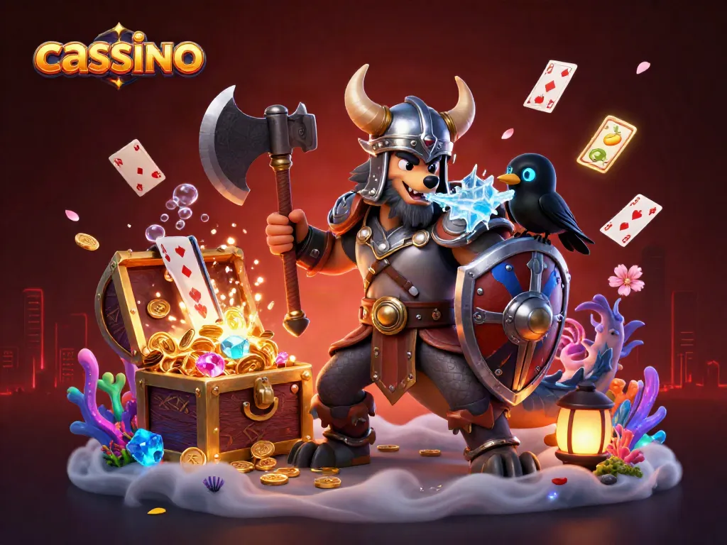 Engage in casino excitement with Viking warrior and dragon amidst floating slots and treasures.