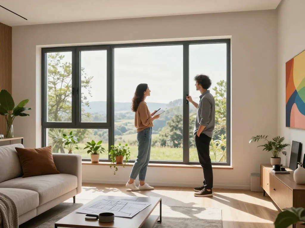 Hausbesitzer bewertet Fenster Schüco Fenster in einem hellen Wohnzimmer mit modernem Design.