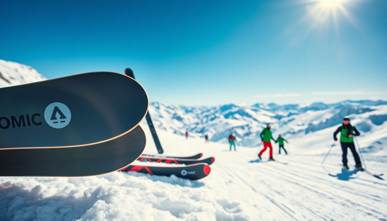 Energizing scene with atomic ski gear amidst adventurous winter athletes in snowy mountains.