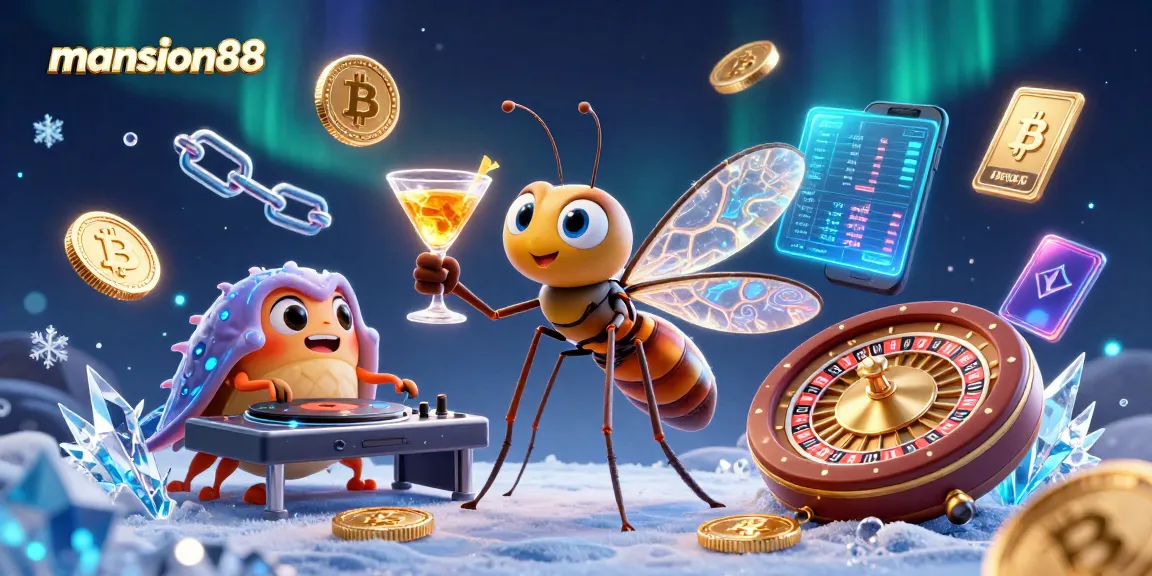 Bet on exciting games at mansion88, featuring a vibrant 3D casino scene with rich details and neon crypto elements.