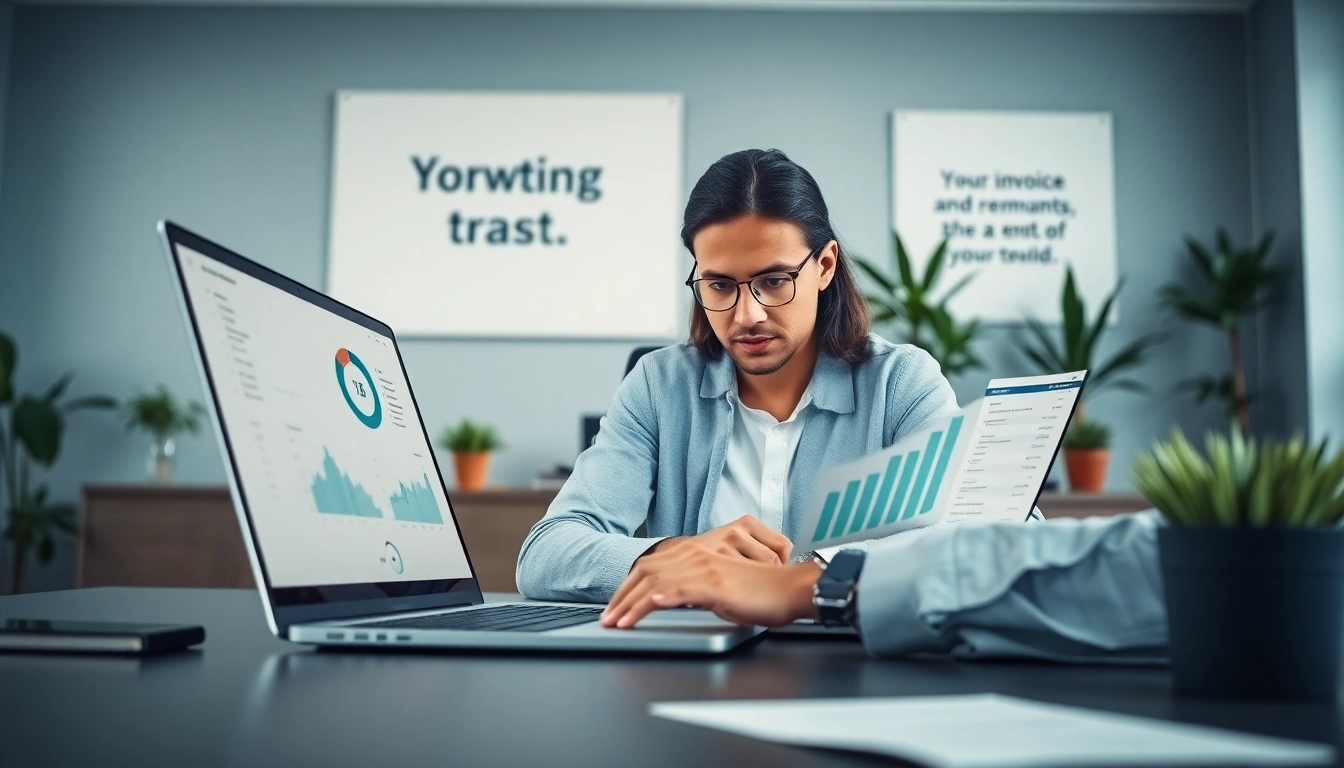Reviewing invoice processing software on a sleek laptop in a bright office environment.