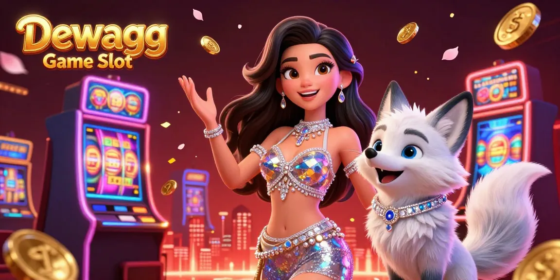 Dewagg Game Slot features an enchanting woman in a casino-themed outfit with an arctic fox companion, surrounded by vibrant slot machine elements.